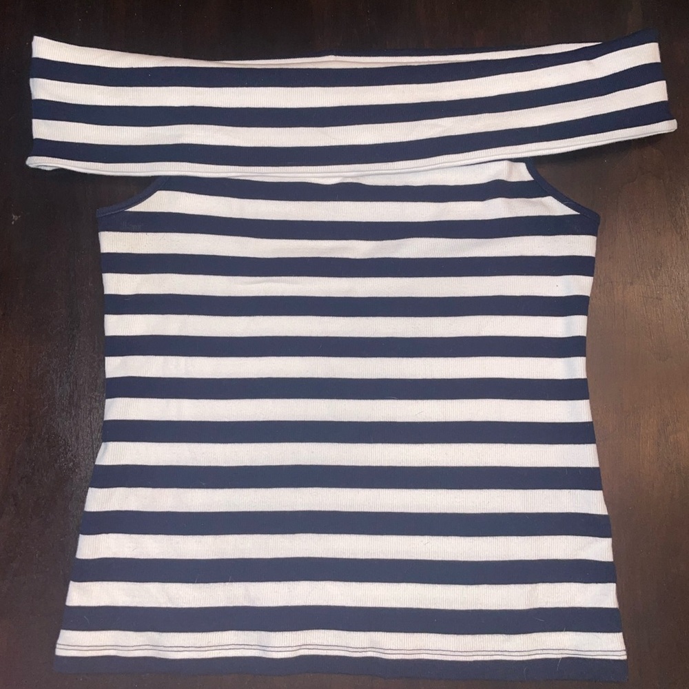 Banana Republic Navy & White Striped Off-Shoulder Knit Top